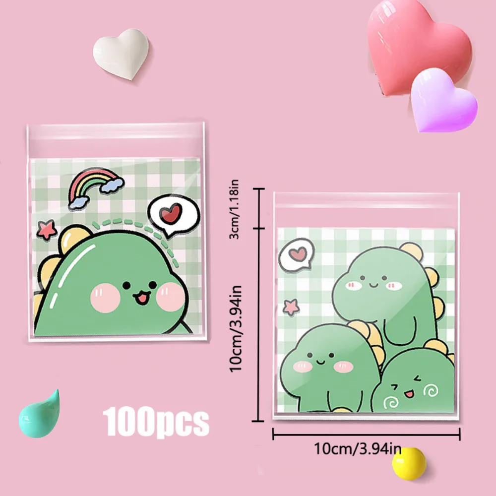 100PC Cute Cartoon Dinosaur Bear Self Adhesive Plastic Bags, Small Transparent Pouches for Candy Jewelry Handmade Gift Packaging