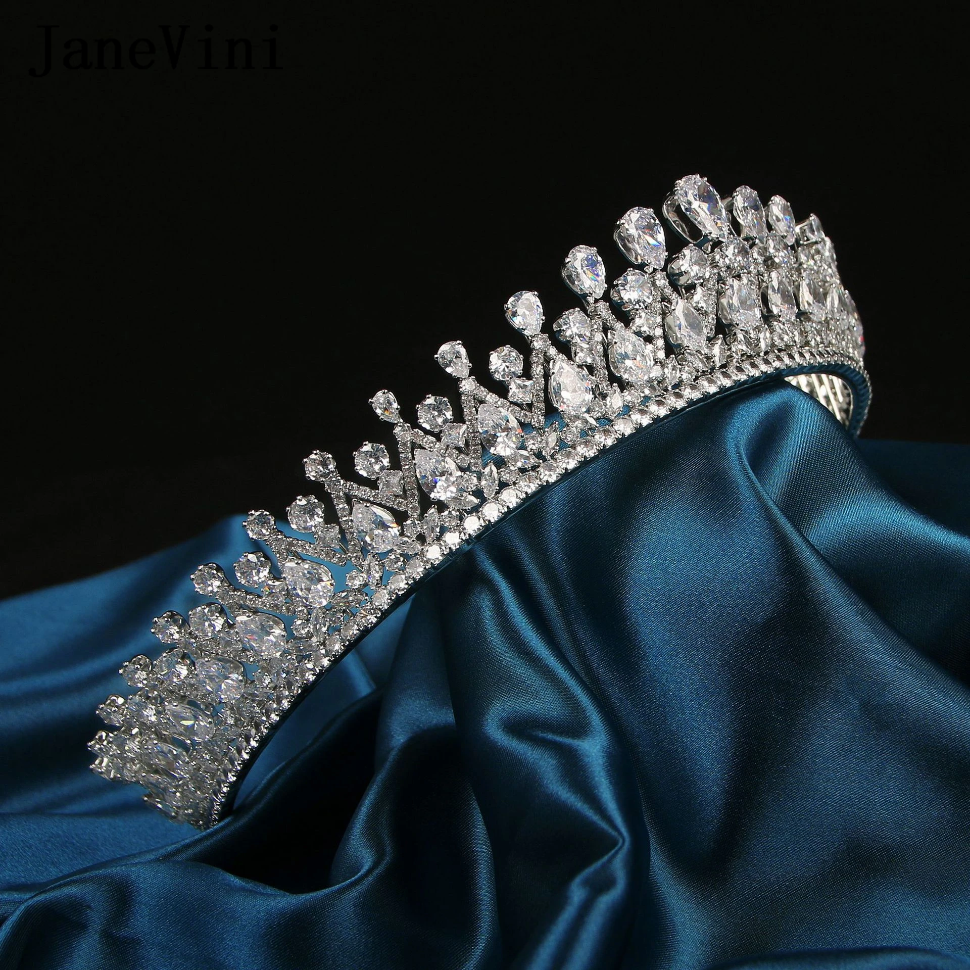 JaneVini 2022 Luxury Zirconia Headdress Silver Gold Tiaras Crowns Bling Rhinestone Hairband Handmade for Women Princess Headwear