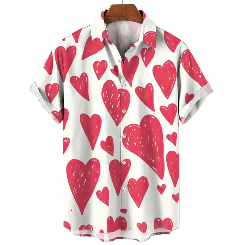 Fashion 3d Print Love Heart Hawaiian Shirt Men Women Valentine's Day Summer Shirts Short Sleeves Button Down Blouse Clothing