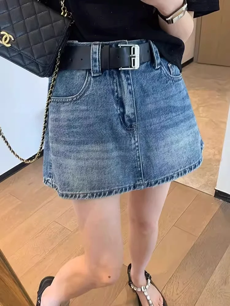 Falda de Cintura Alta, Línea A, Estilo Denim Retro Azul, para Mujer, Verano, Nueva, Talla Grande, Adelgazante, Pantalones Cortos, Estilo Coreano, Poliéster...