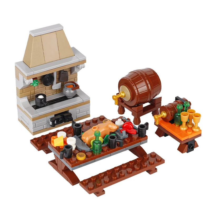 MOC Pinnwand Bausteine Biene Bauernhof Brunnen Lagerfeuer Herd Mittelalterliche Stadt Street View Wasser Wand Brücke Straße Zeichen Ziegel Spielzeug