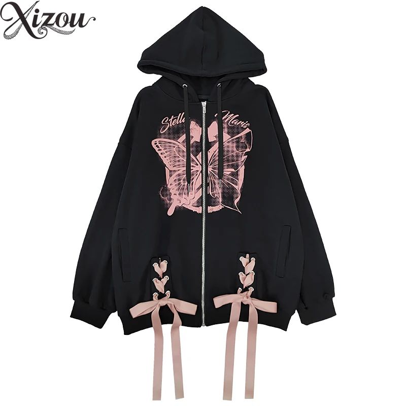 2025 가을 겨울 스웨트셔츠 여성 후드 재킷 루즈 리본 나비 프린트 지퍼 블랙 하라주쿠 스트릿웨어 캐주얼 코트 Y2k