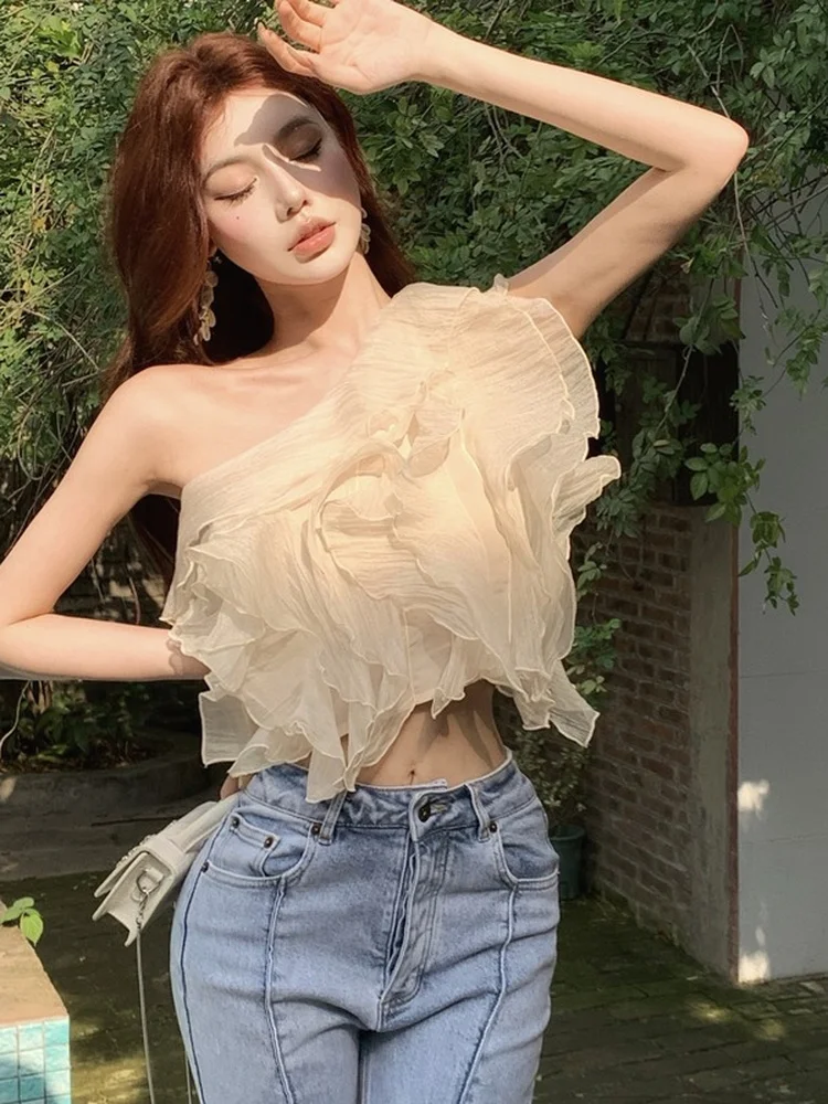 Woherb Blouses Women Off-shoulder Cropped 2024 Folds Sweet Sexy Elegant Top Retro Princess Fashion Ruffles Blusas Mujer Summer