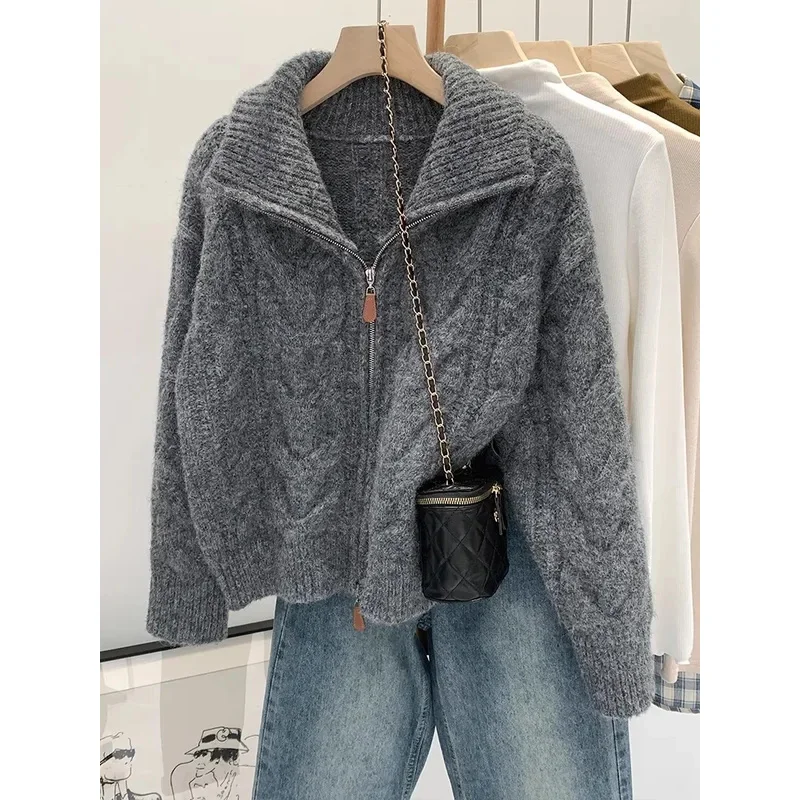 

Retro Solid Double Zipper Turn-down Collar Sweater Women Autumn Winter New Lazy Style Loose Knitted Cardigan Thicken Loose Tops