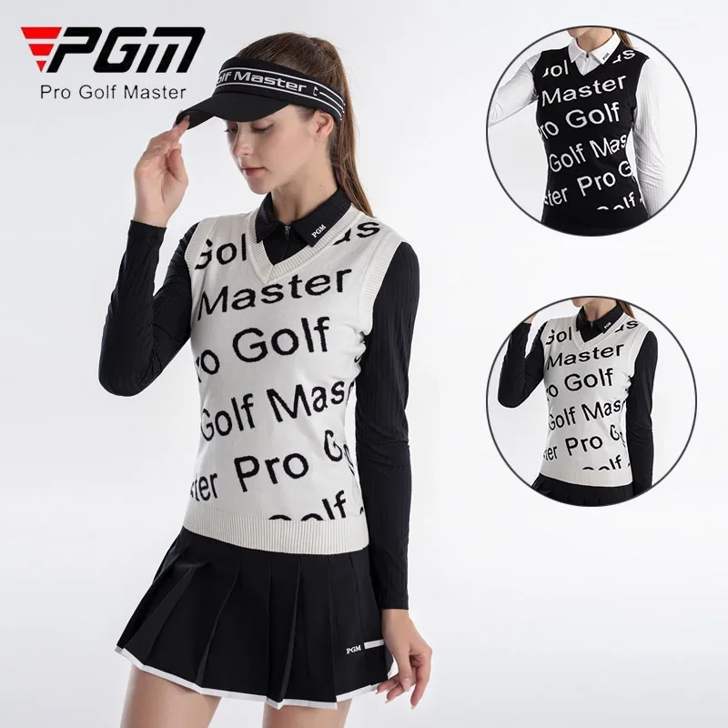 PGM Autumn Women V-neck Knitted Golf Vest Lady Letter Printed Tops Fleece Sleeveless Shirt Winter Windproof Warm Golf Waistcoat