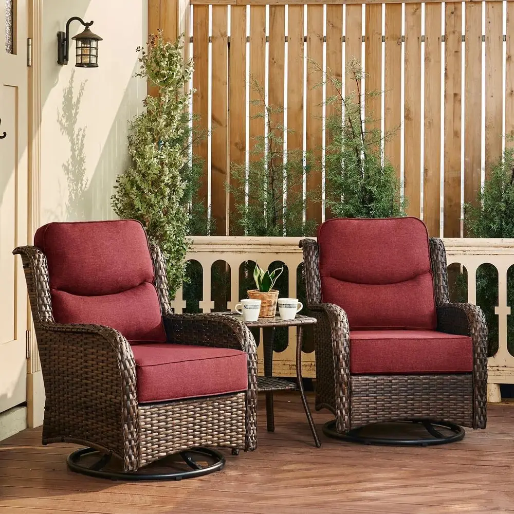 

High-Back Wicker Outdoor Swivel Rocker Set with Cushions and Side Table for Patio, Porch, or Deck