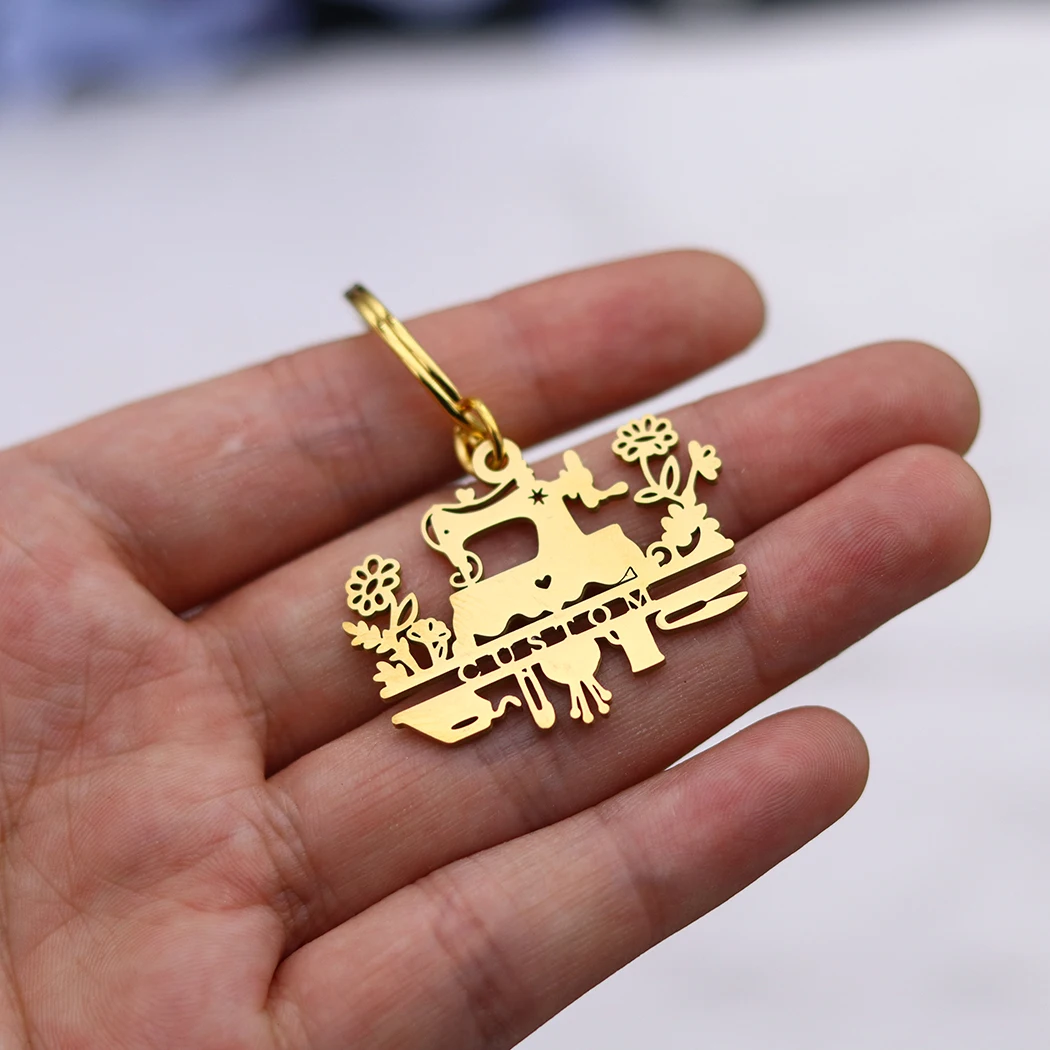 Flower Leaf Sewing Machine Tool Pendant Keychains for Women Men Custom Name Keyring Holder Jewelry Handicraft Enthusiast Gift