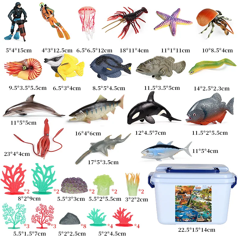 Oenux Simulation Ocean Animals Playset Lobster Whale Dolphin Fish Diver Coral Model Action Figures Funny Sea Education Toy Gift