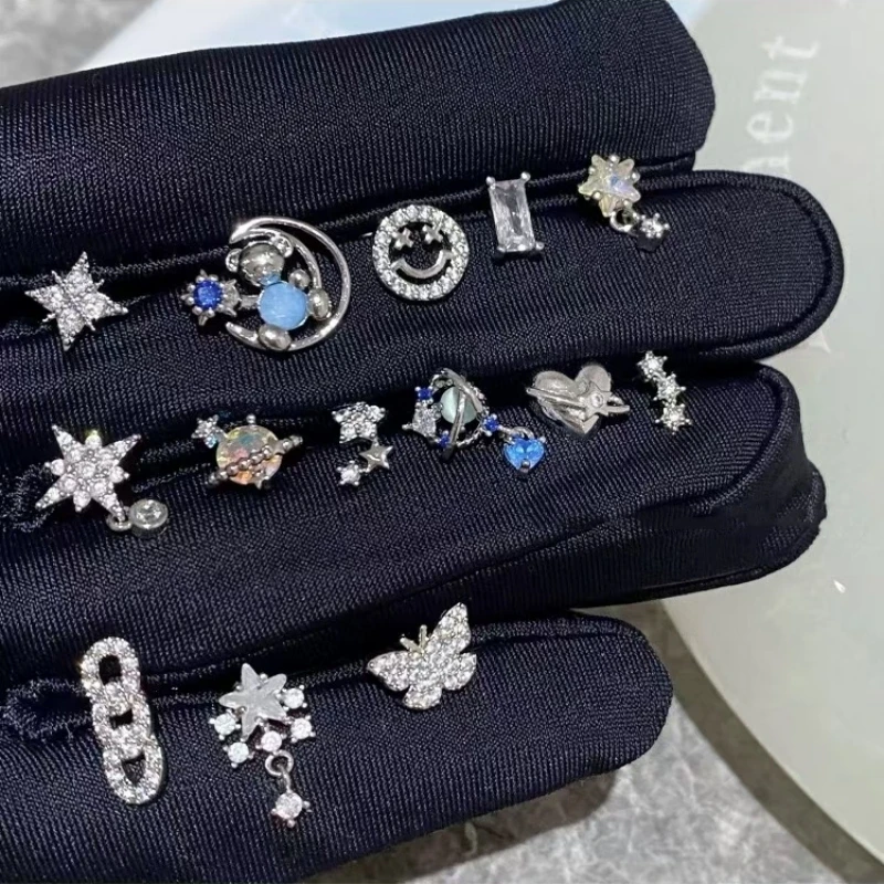1pcs New Fashion Bling Zircon Star Heart Ear Bone Nail Inoxidable Stainless Steel Punk Earrings For Women Exquisite Jewelry Gift