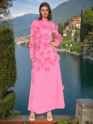 Sexy O Neck Flowers Appliques A-line Dress Women Pink Floral Long Sleeve Lace-up Slim Dresses Elegant Evening Party Gowns