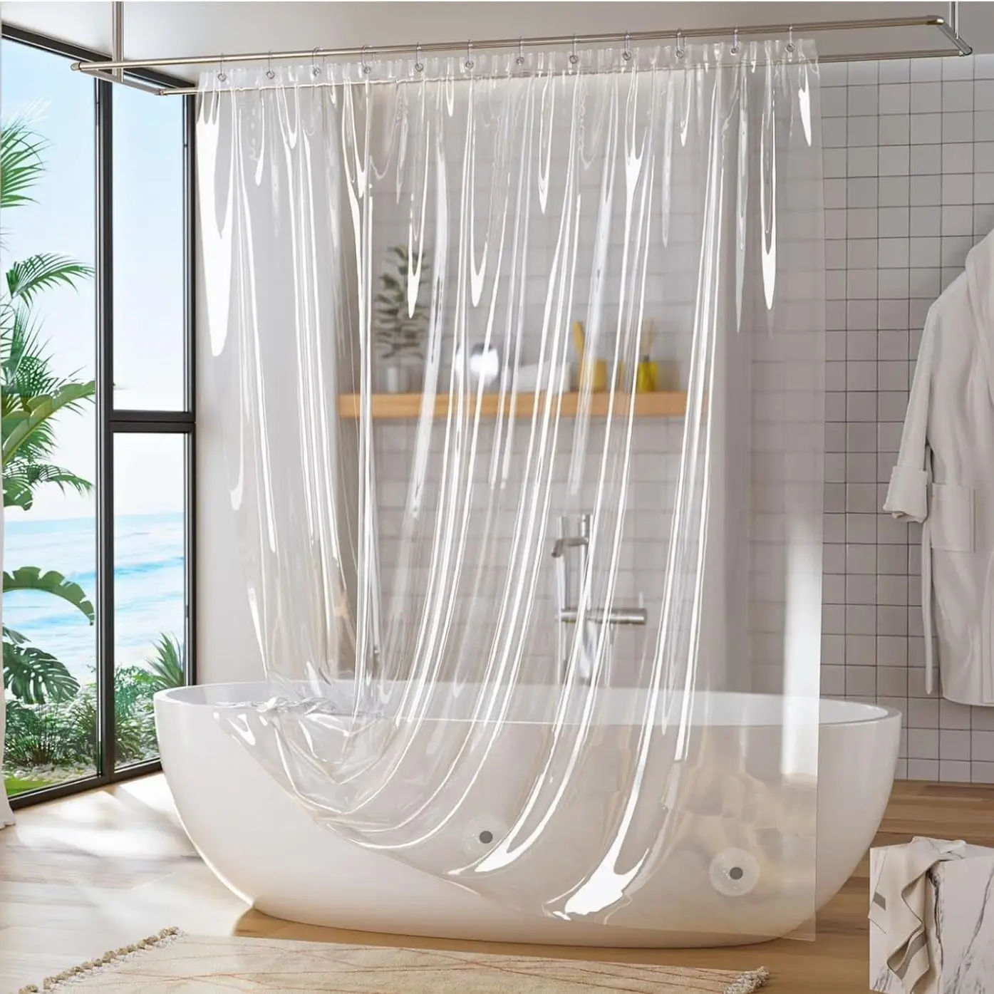 Tenda da doccia Tende da bagno impermeabili trasparenti Tessuto PEVA Stile moderno Resistente all'acqua con ganci per WC 200 cm