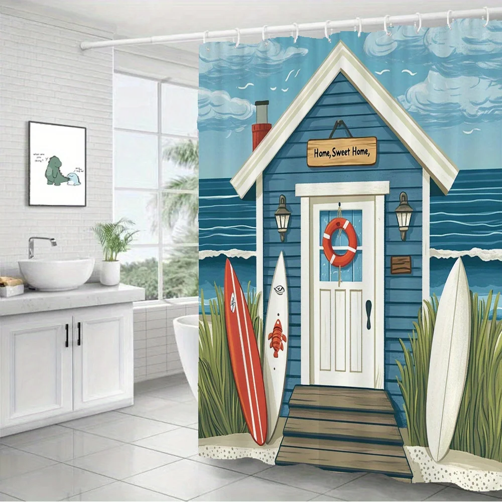 Summer Coastal Style Beach House Surfing Board Ocean Waves Seaside Illustration Bath curtain Comfortable Warm Throw Blanket
