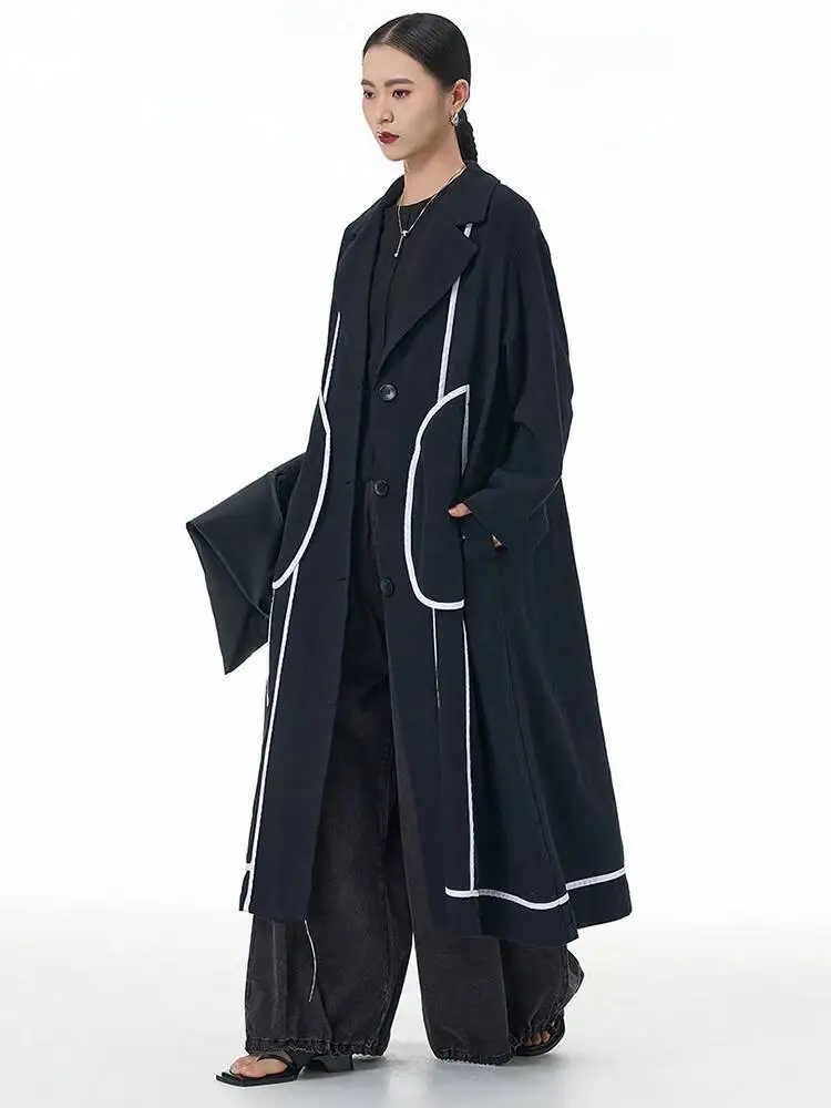 Women Black Color-block Big Size Long Trench New Lapel Long Sleeve Windbreaker Fashion Tide Spring Autumn