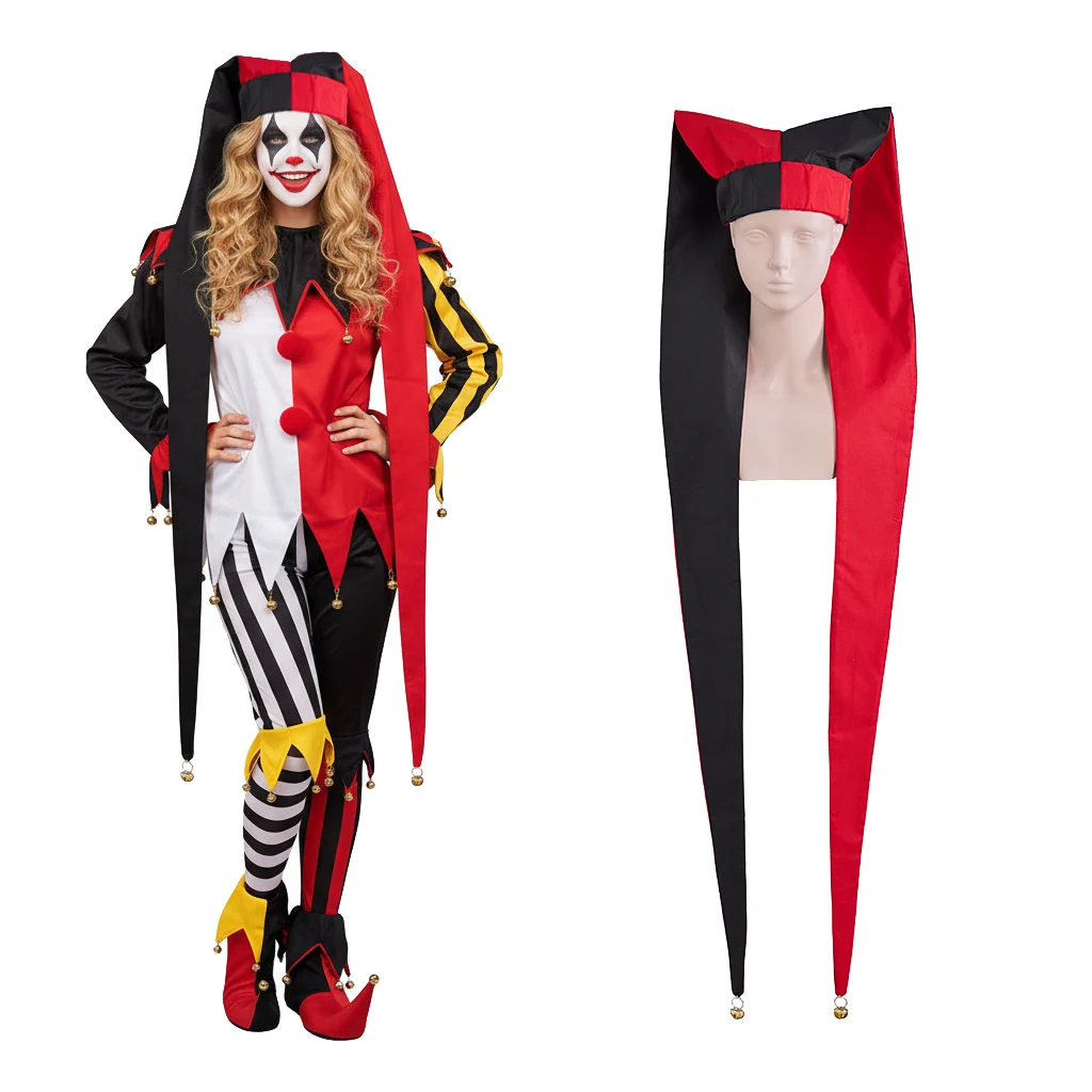 Hearlequin Bester Cosplay campanas doradas rojas y negras sombrero largo Unisex disfraz de payaso de Halloween gorra hecha a mano para adultos
