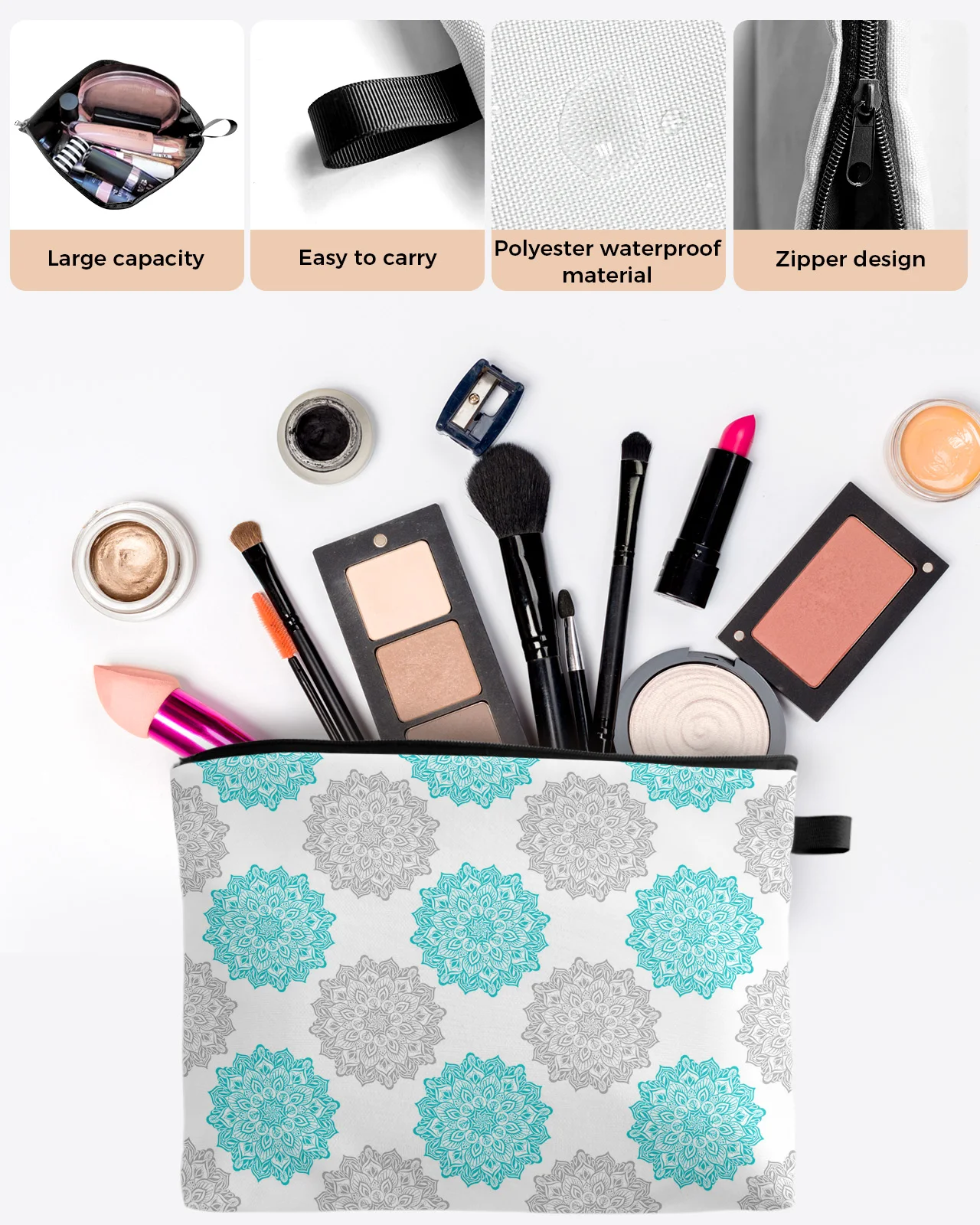 Mandala Grey Blue Texture Makeup Bag Pouch Travel Essentials Lady Women Cosmetic Bags Toilet Organizer Kids Storage Pencil Case