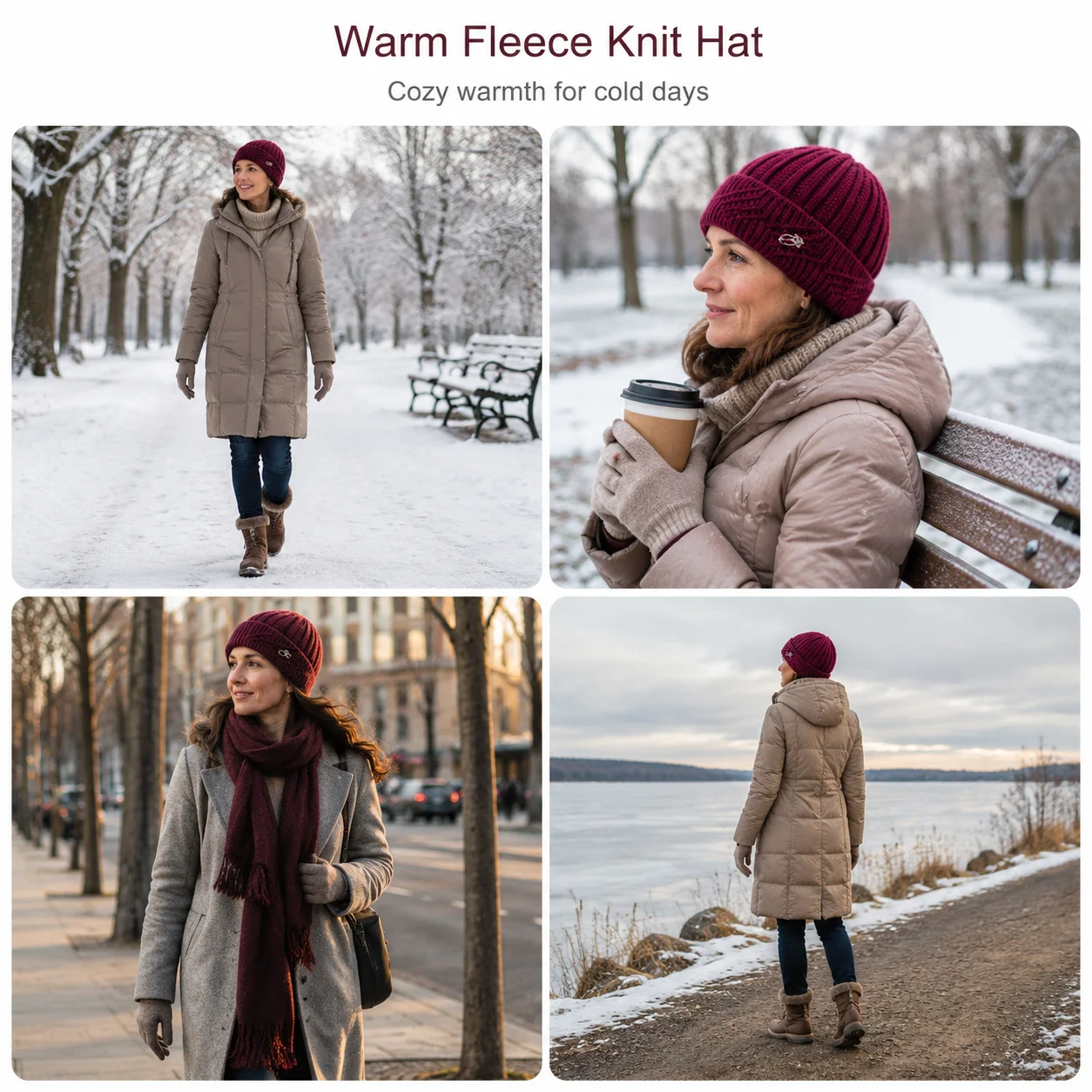 Windproof Beanie Hat Warm Fleece Lined for Winter Outdoor Walking Commuting Thick Knit Skull Cap for Older Women Durable