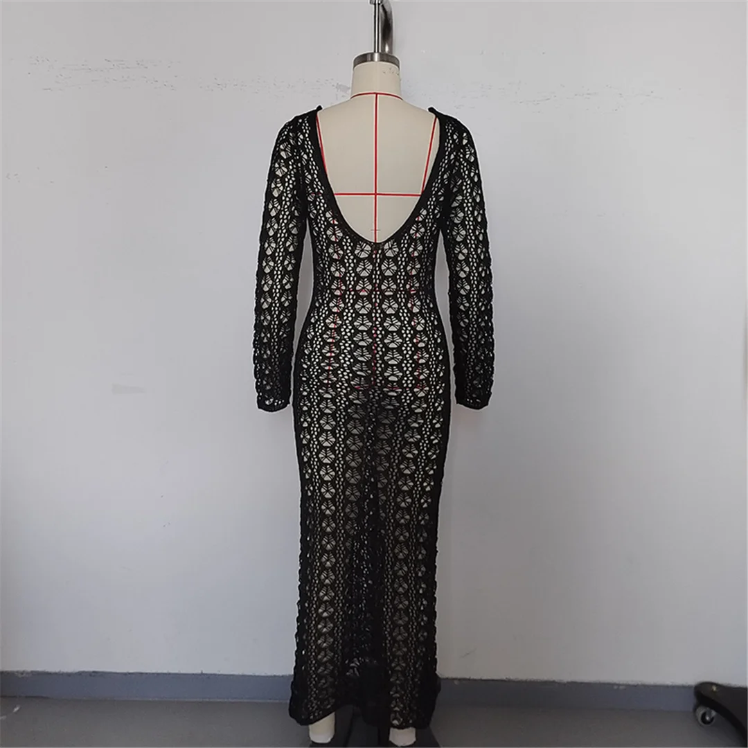 2026 Langarm-Strick-Tunika mit Ausschnitten am Rücken, rückenfreies Strandkleid, Strandmode, Strandbekleidung, Strand-Cover-up, Damen V6551 – Detail 27