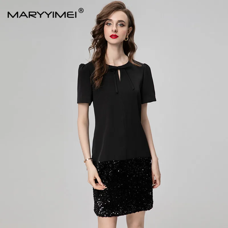 

MARYYIMEI Fashion Design Spring Summer women's Short-Sleeved O-Neck Lace-UP Hollow Out Sequins Slim Mini Dresses