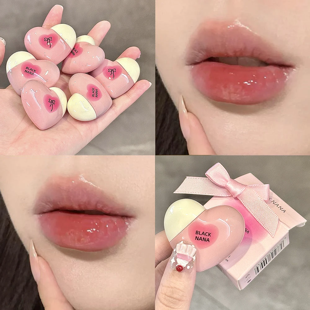 Cute Heart-shaped Mirror Pink Lip Gloss Tinted Moisturizing Lip Oil Strawberry Red Water Glass Nude Lipstick No Sticky Cosmetics