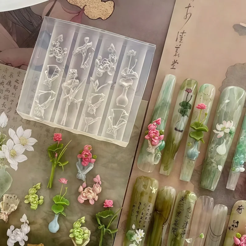 Chinese Style Lotus Pagoda Pavilion Embossed Nail Silicone Mold, Ancient Wind Floral Tower Resin Nail Art Mould