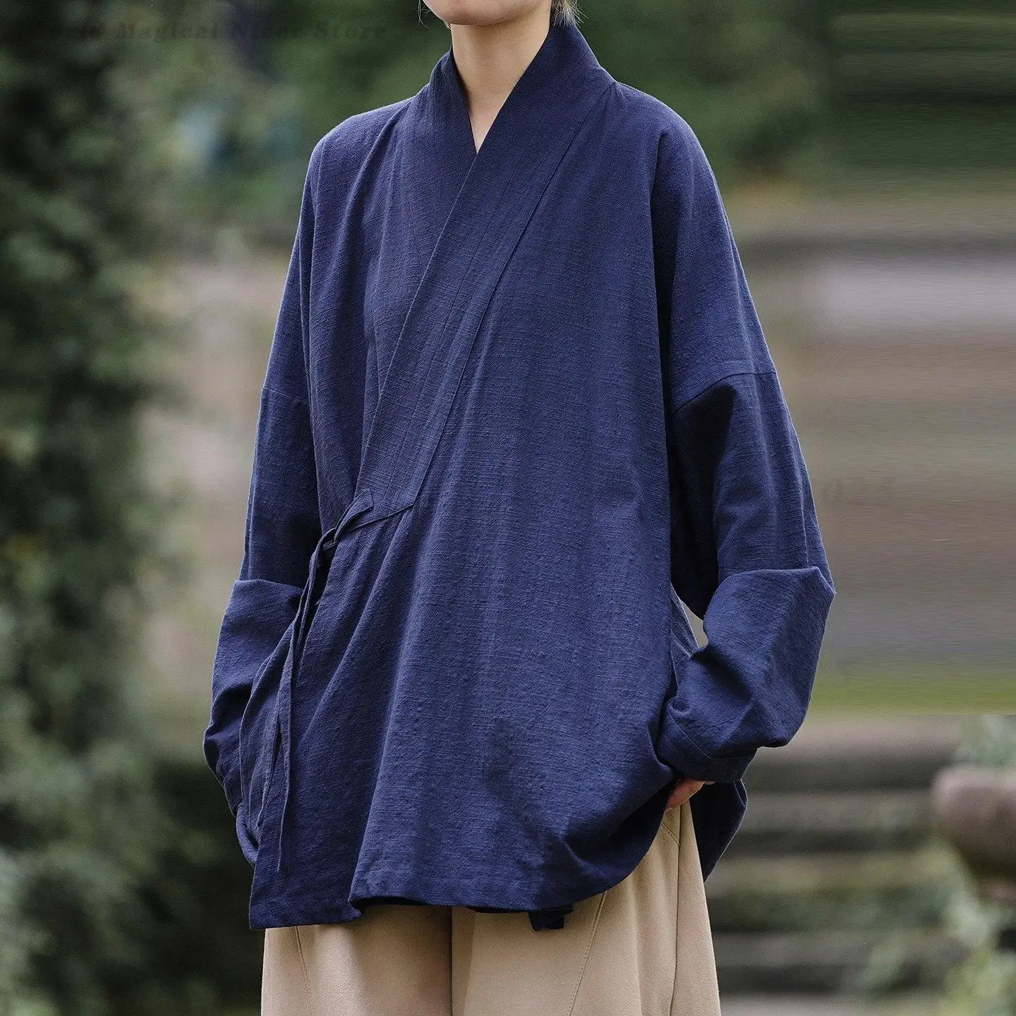 Men New Chinese Modified Hanfu Robe Cross Collar Tie Up Loose Zen Coarse Cotton Long Sleeve Casual Lay Practitioner Outfit