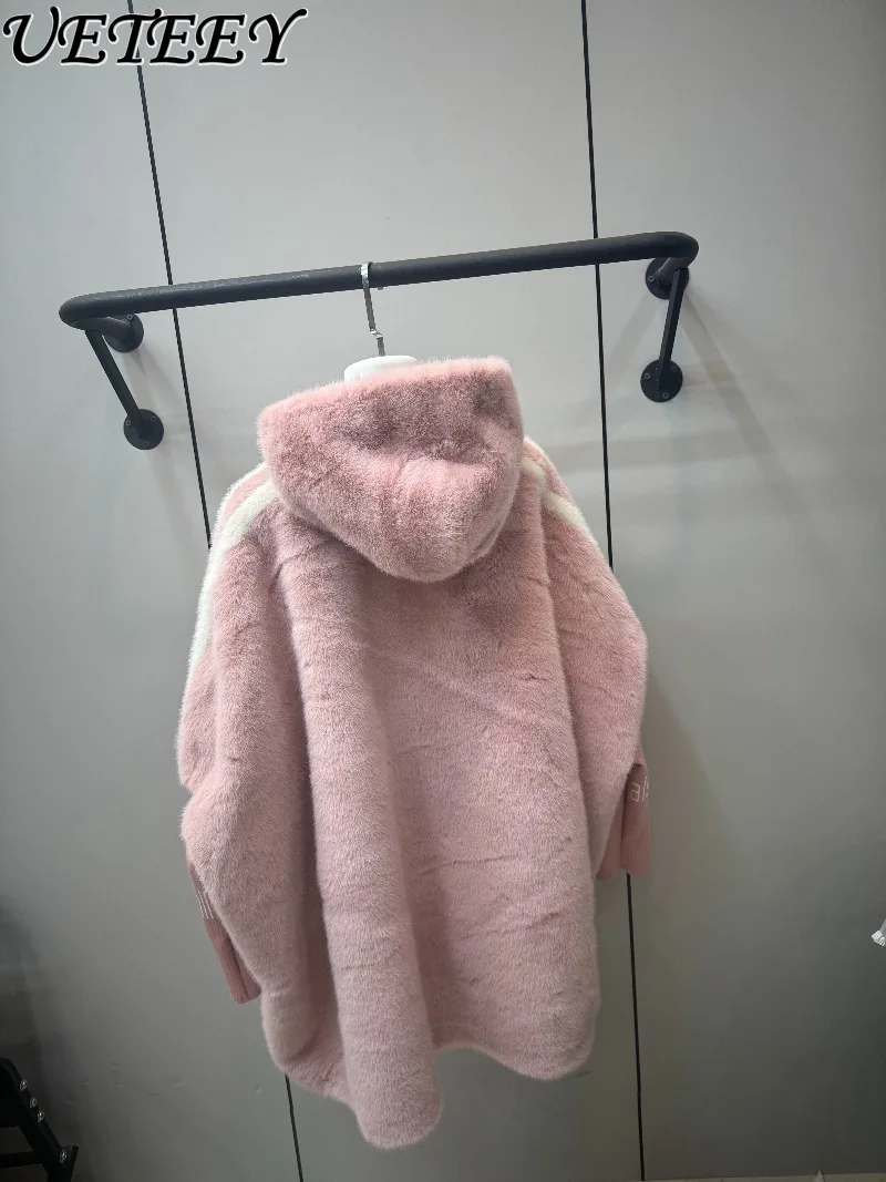 معطف شتوي جديد سميك من الفرو الصناعي بأكمام محبوكة وقلنسوة ملونة فضفاضة على الطراز الكوري معطف بسحاب متعدد الاستخدامات
