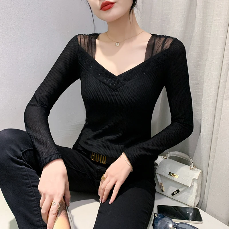 أسود، ربيع، كوري، نمط، تي شيرت، أنيق، مثير، مفرغ، لامع، الماس، هندسي، نسائي، بلايز، كم طويل، مرقع، دانتيل، تي شيرت، 59100