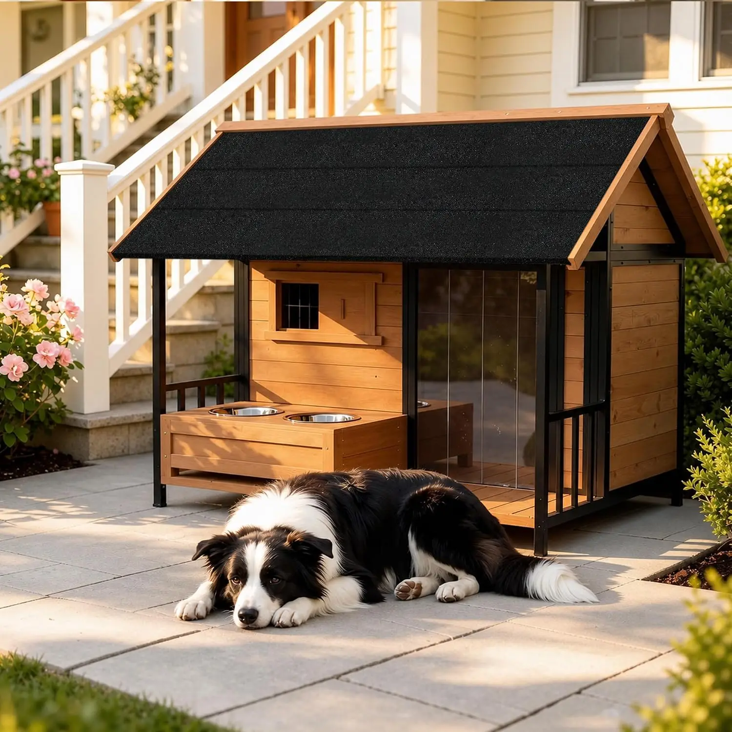 Outdoor Dog House for Large Dogs with Built-In Bowls, Asphalt Roof, Raised Floor, PVC Door & Adjustable Window