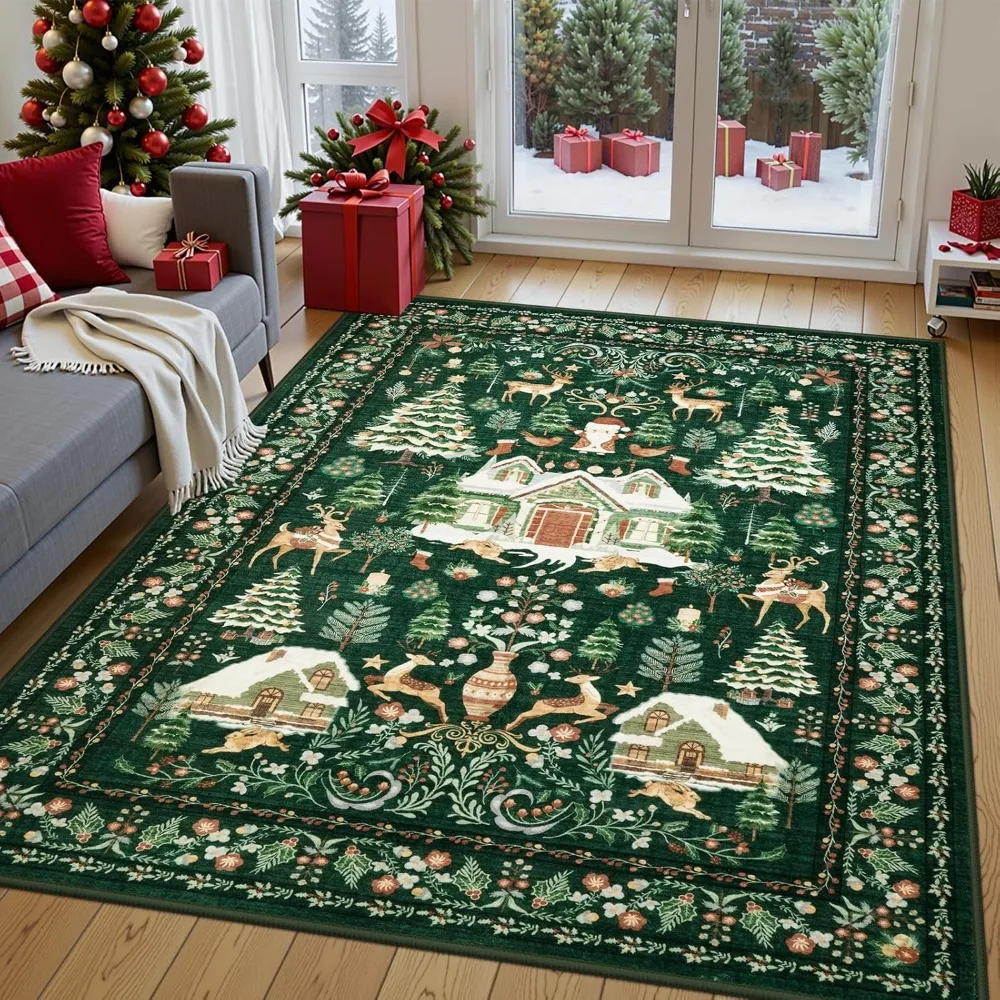 

LIVEBOX Christmas Washable Rugs for Living Room 5x7 - Non-Slip Soft Vintage Green Area Rug, Christmas Tree and Deer No-Shedding