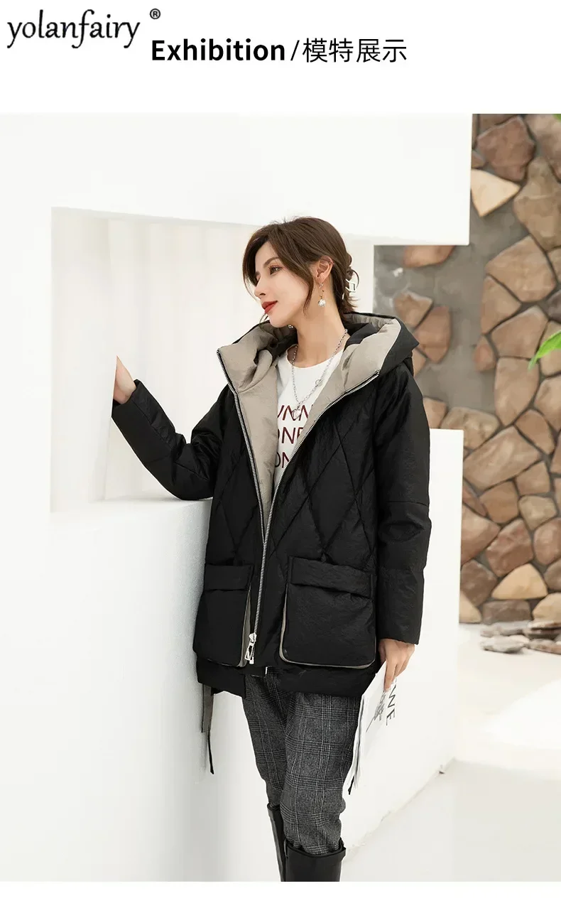 2023 New Genuine Leather Mid Long Down Coat Women's Winter Sheepskin Jacket Loose Fit Diamond Plaid Korean Style Outwear FCY5198