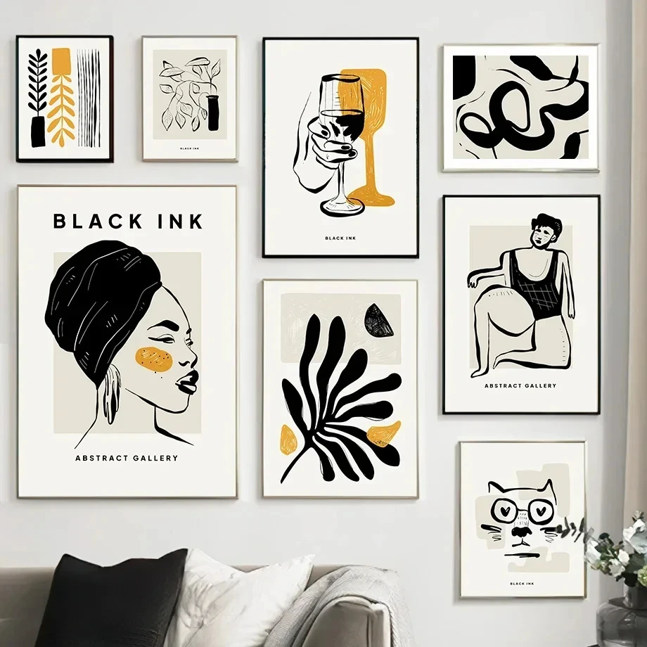 

Black Ink Woman Line Leaves Abstract Gallery Wall Art Canvas Painting Nordic Posters & Prints Wall Picture For Living Room Decor