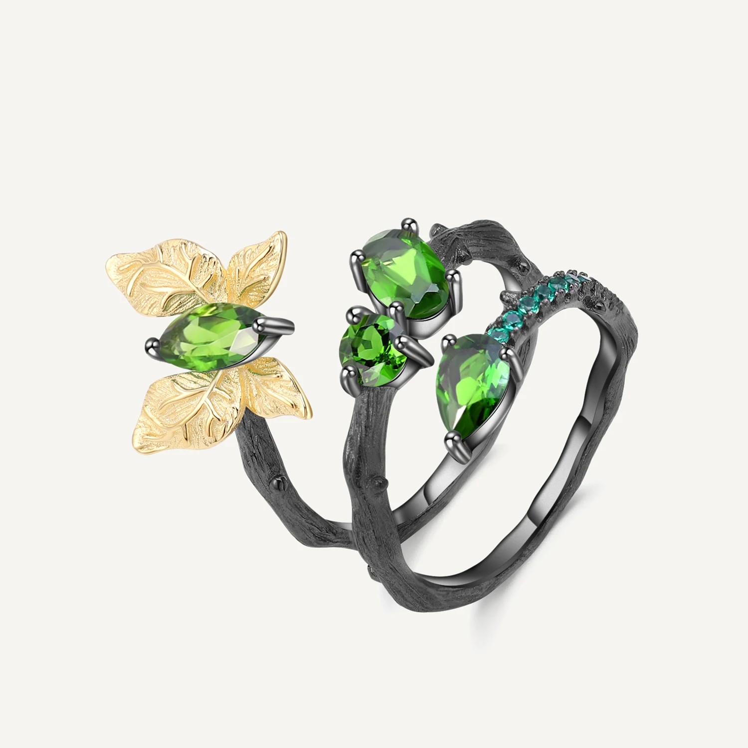 GEM'S BALLET 1.84Ct Natural Chrome Diopside Gemstone Ring Real 925 Sterling Silver Butterfly Branch Open Rings for Women Wedding