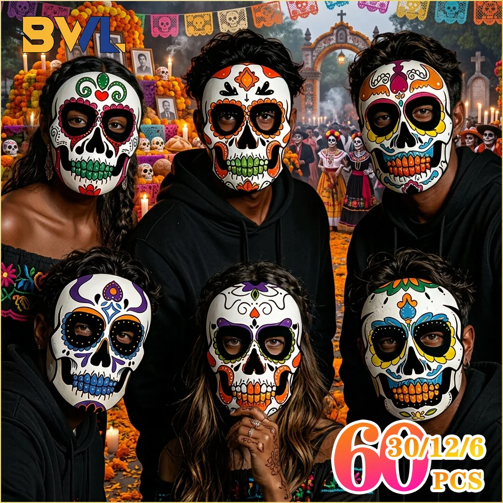 6-60PCS Colorful Sugar Skull Full Face Mask with Elastic Band Halloween Day of The Dead Cosplay Party Costume Mask Festival Prop