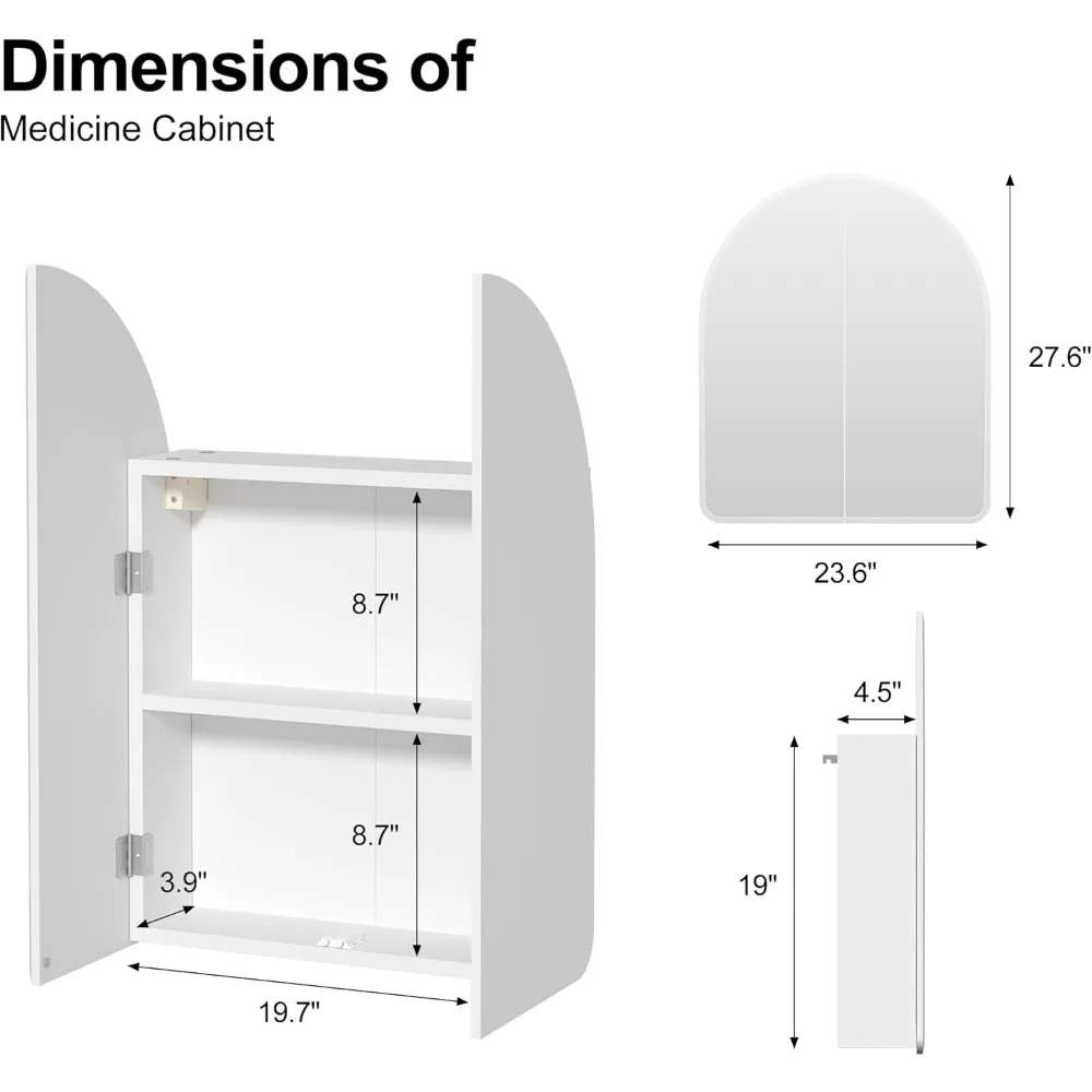خزانة طبية بمرآة مقوسة بدون إطار مع بابين لتركيب السطح