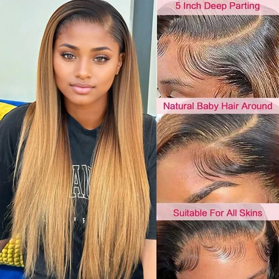 Ombre Colored T1B/30 Straight Lace Wigs T13x5x1 HD Transparent Lace Frontal Human Hair Wigs Remy For Woman Pre Plucked YYONG