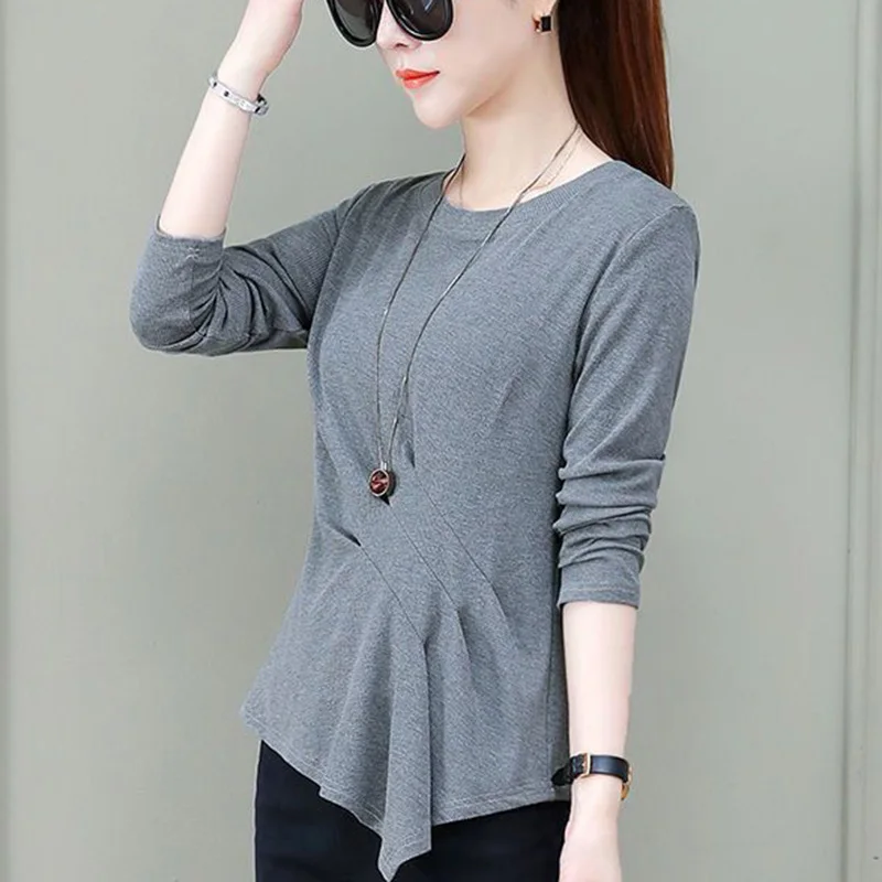 Fashion Solid Color Loose Folds Irregular T-Shirt Female Clothing 2023 Autumn New Casual Pullovers Tops Asymmetrical Tee Shirt