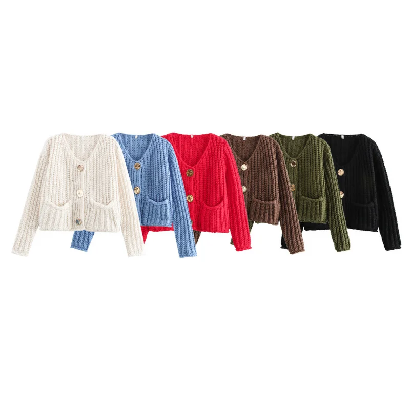 

European and American Style Women's Autumn and Winter Street Fashion Round Neck Short Knitted Cardigan Sweater