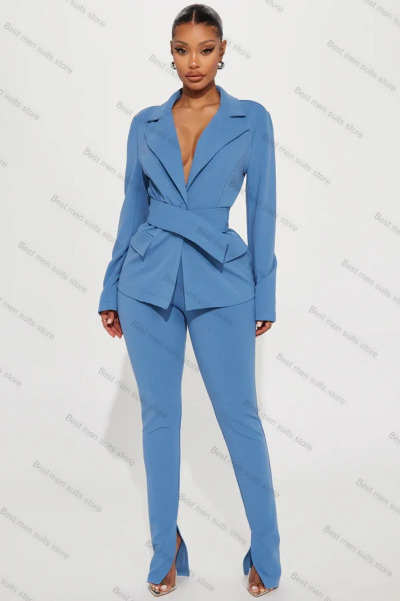 

Blue Women Suit Pants Set 2 Piece Blazer+Straight Trousers With Belt Formal Office Lady Jacket Customized Cotton Prom Coat