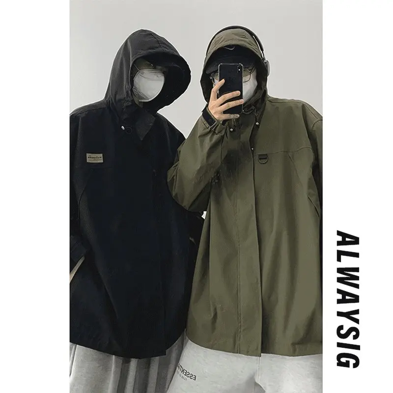 

Водонепроницаемая мужская весенне-осенняя куртка с высоким воротником и капюшоном, винтажная американская функциональная повседневная куртка свободного покроя из полиэстера