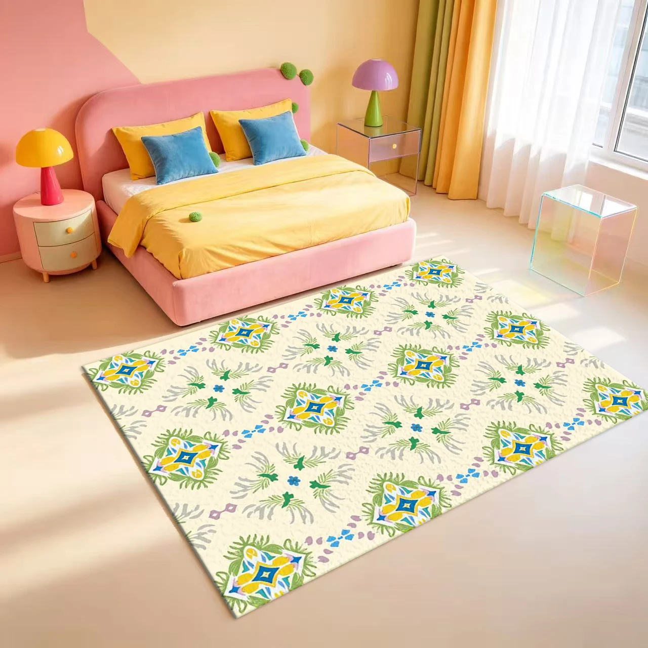 Pastel Boho Ornate Floral Diamond Seamless Pattern Carpet Flooring Soft Vintage Art Area Rug For Home Indoor Floor Decoration