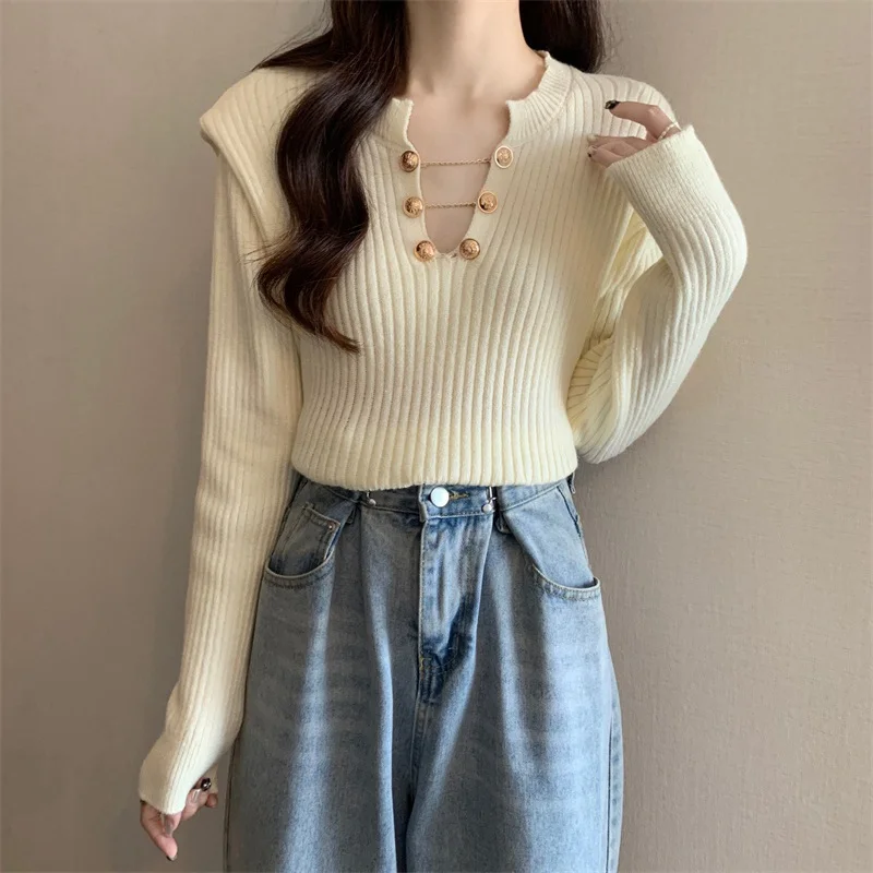 Spring Women  Buckle Chain Sweater Long-Sleeved Korean Split Collar Pretty Gold WireSolid Color Pullover Knit Fashion Tops