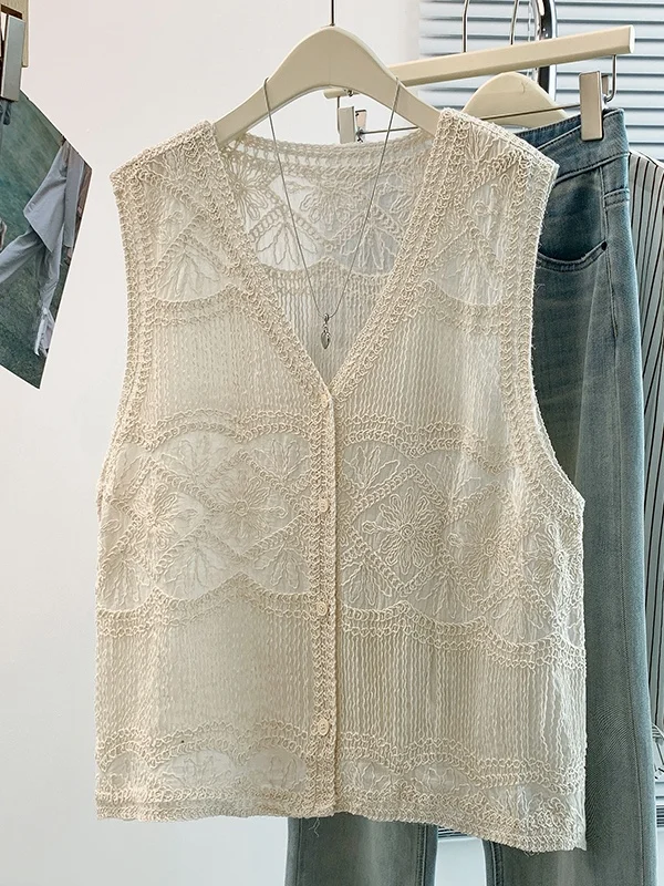 Korean Design Sensation Pure Cotton Embroidered Vest Cover up Women Summer Age Reduction Versatile High End Sleeveless Tank T...