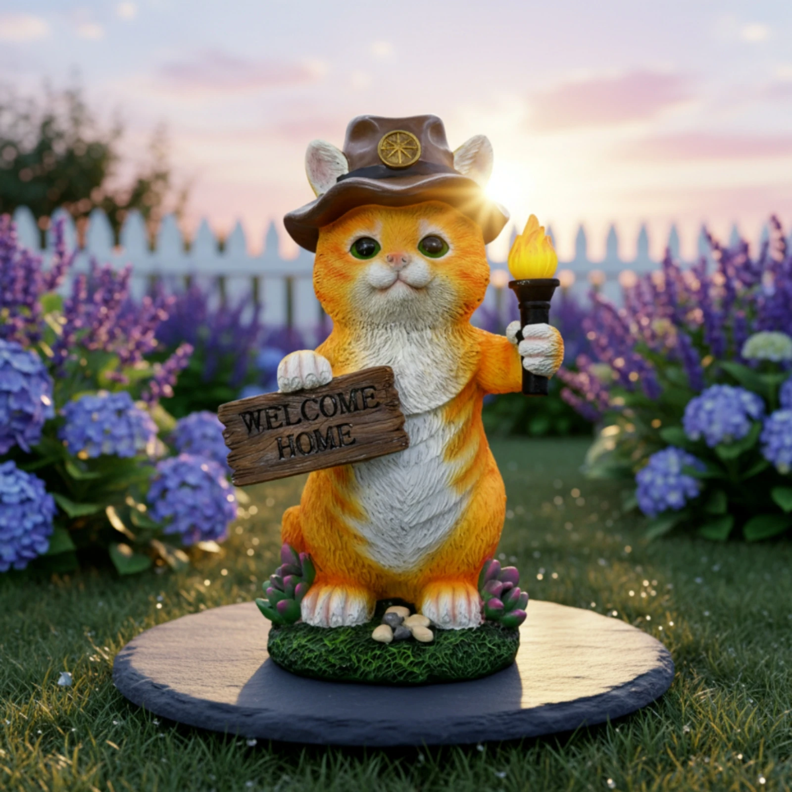 Cat Figurine with Solar Light Resin Cat Figurine with Welcome Sign Welcome Sign Statue Outdoor Yard Ornament Weather-Resistant