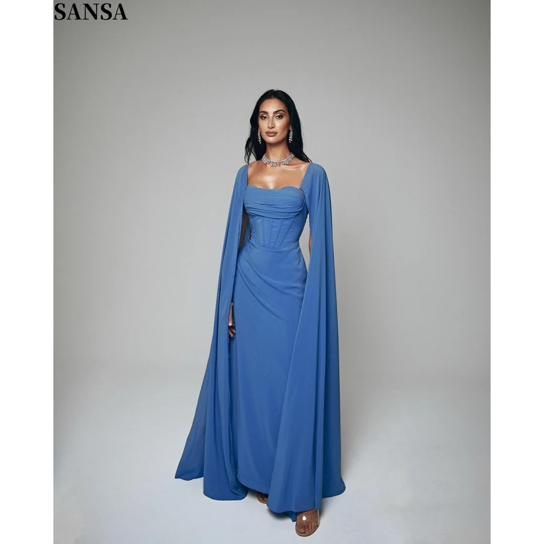 Sansa Customized Periwinkle Blue Sweetheart Corset Formal Gown Draped Waist Flowing Wide Cape Sleeve Floor Length Prom Dress