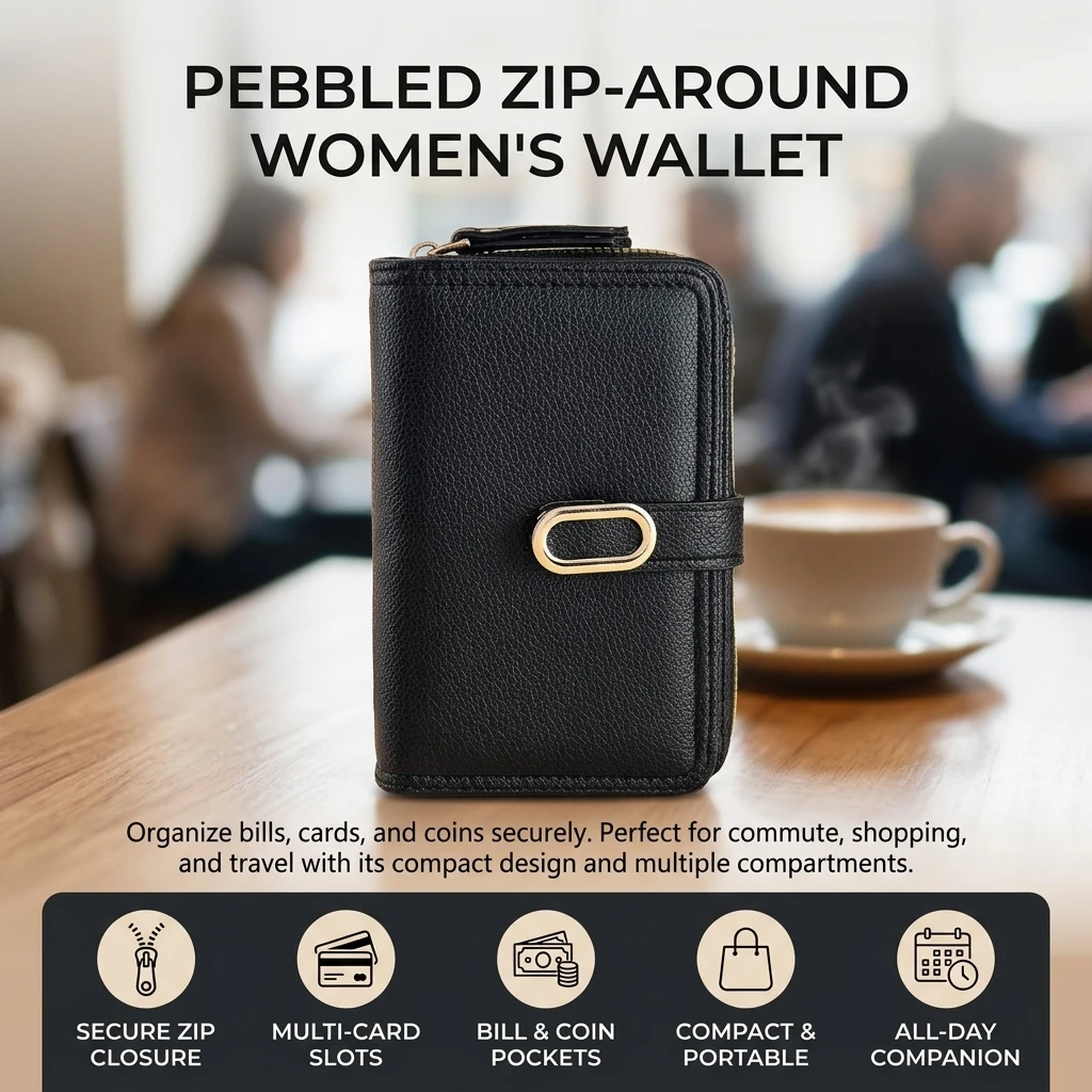 Clutch Bag Large Capacity Wallet for Daily Commute Women's Pebbled PU Leather Zip Around Purse Multi Card Holder Durable