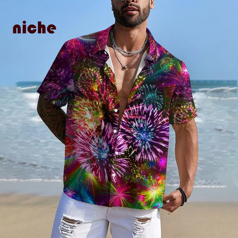 

Men's Shirt Casual Color Smudge Contrasting Color Fireworks Print Hawaiian Vacation Style Polo Collar New Trendy Short Sleeves