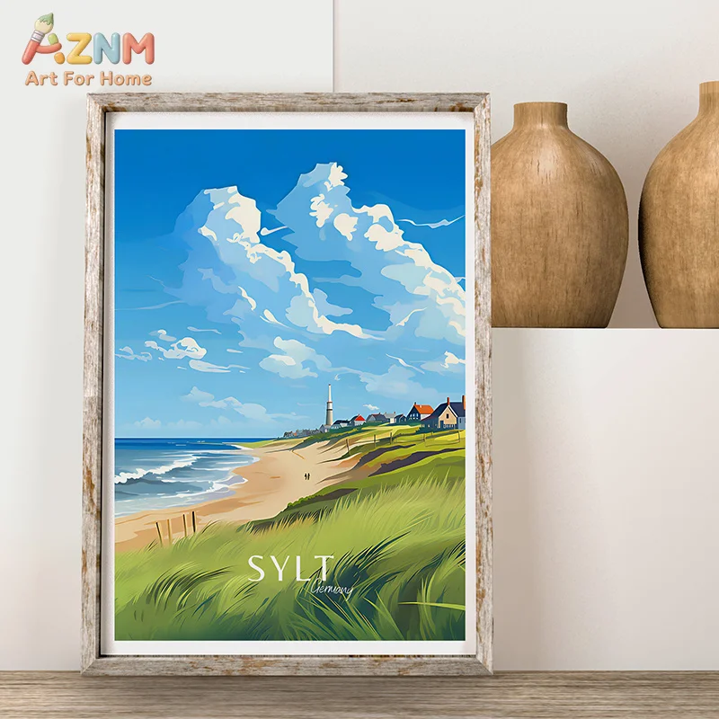 AZNM Frameless Canvas Poster Germany City Travel Print, Hamburg Munich Leipzig Stuttgart Canal Town Architecture Vintage Tourism