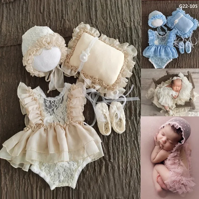 0-3Month Baby Newborn Photography Props Baby Hat Baby Girl Lace Romper Bodysuits Outfit  Photography Clothing