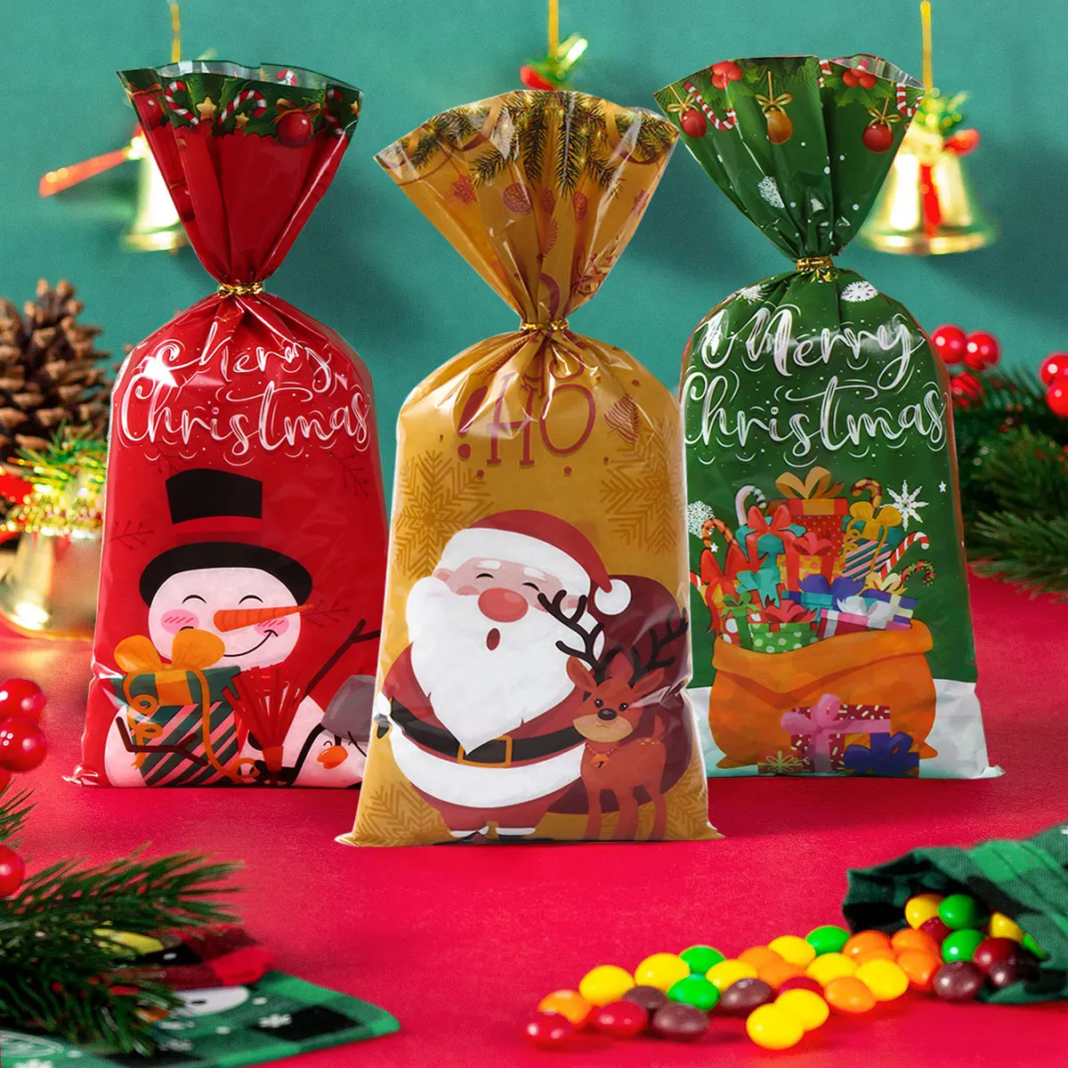 25/50/100pcs Christmas Candy Bags With Rope Cookie Biscuit Package Christmas Decoration 2024 Gift Bag for Kids Party Supplies