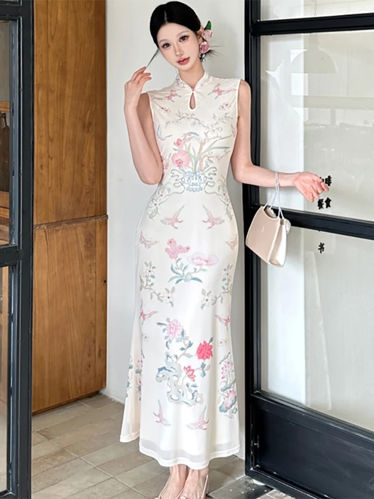 2026 White Mesh Floral Stand Collar Cheongsam Dress Summer Elegant Bodycon Ruffled Dress Women Korean Luxury Party Evening Dress